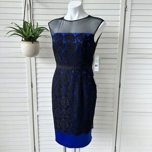New Eliza J Missy‎ Cobalt Blue Black Lace Overlay Sheath Dress Cocktail Size 6